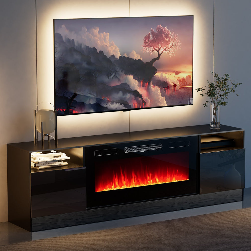 Black Electric Fireplace TV Stand Modern Wood Texture Entertainment Stand with LED Light Storage Cabinet