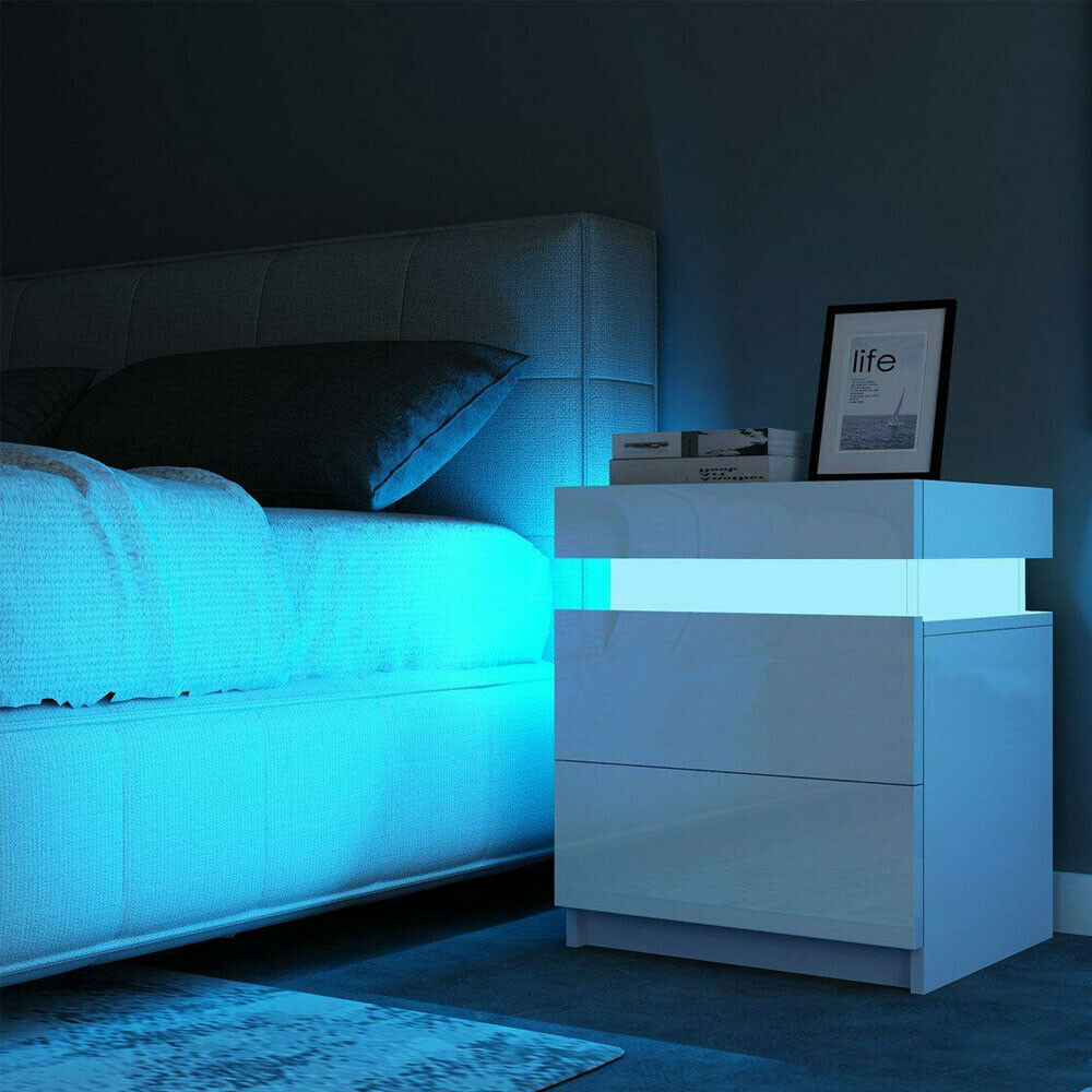 Modern RGB LED Night Table with 2 Drawers Home Bedroom Furniture Nightstands