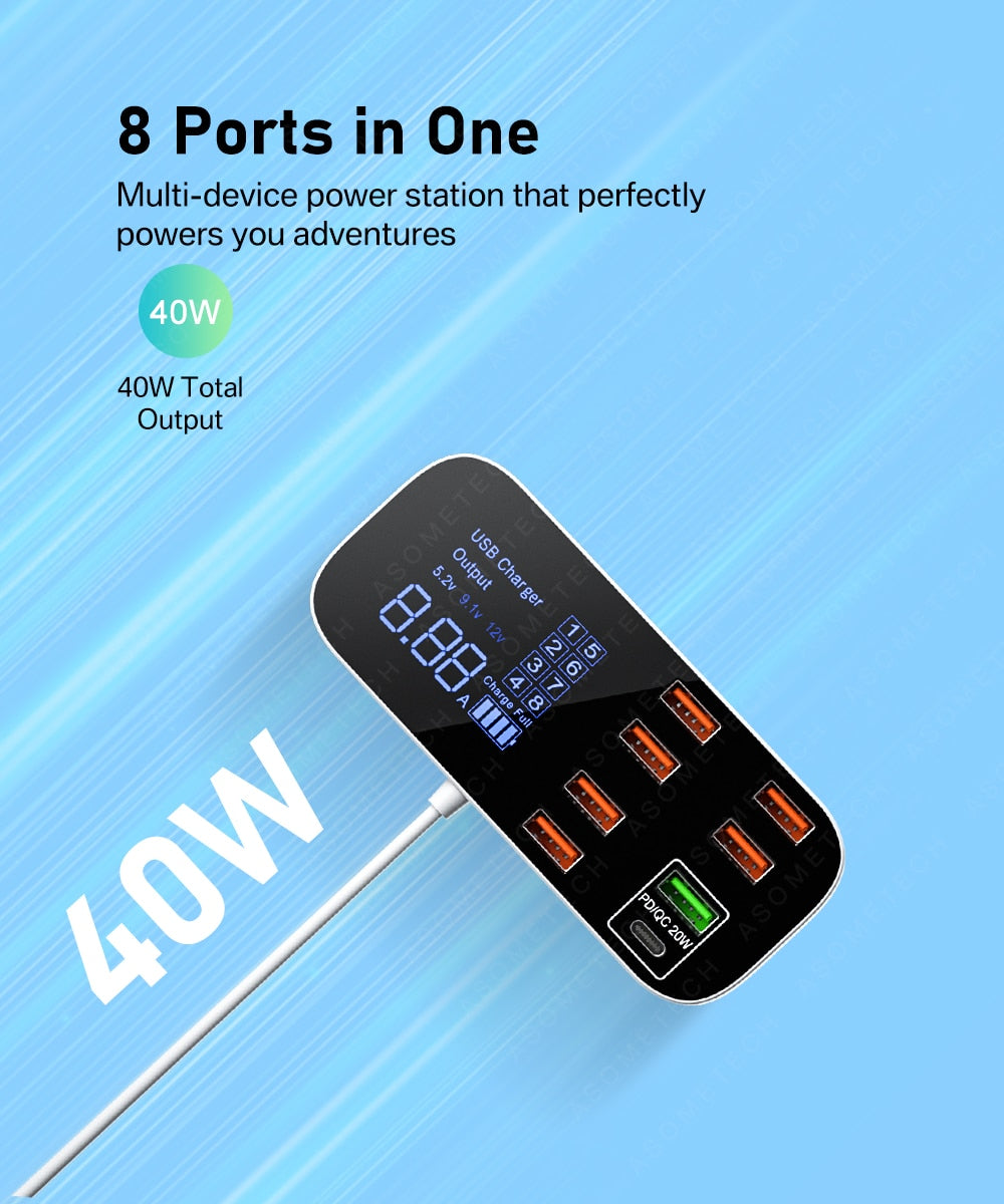 
                  
                    8 Port USB Charger HUB Quick Charge 3.0 LED Display Multi USB 40W Charging Station
                  
                