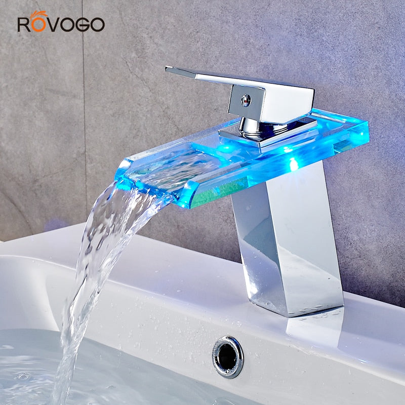 ROVOGO LED Bathroom Faucet Waterfall Brass Basin Faucet Cold Hot Mixer Tap Deck Mounted Sink Mixer