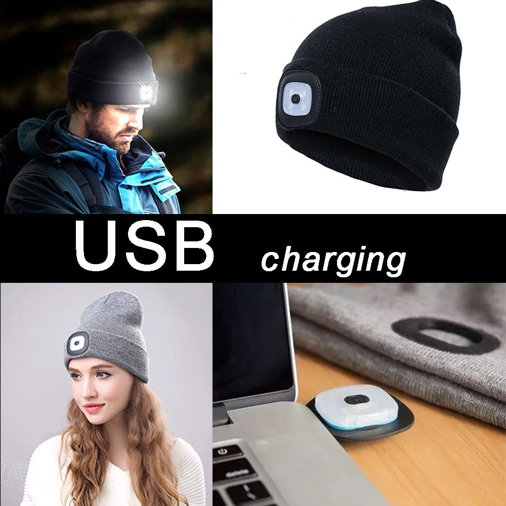 Beanie Hat LED Light USB Rechargeable Battery Knitted Warm Hat