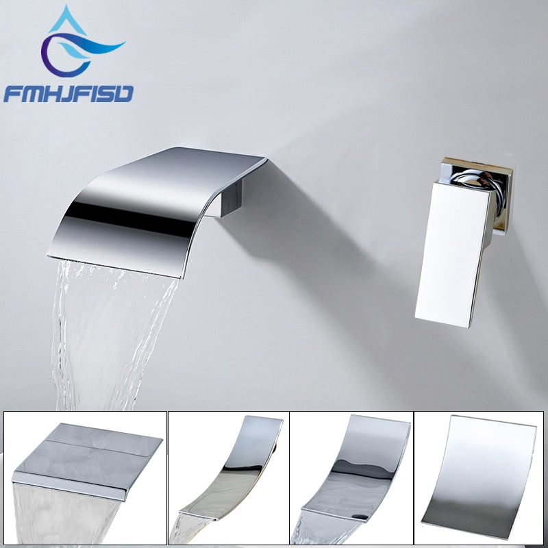 Bathroom Wall Mounted Waterfall Basin Sink Faucets Chrome Polished Mixer Tap Hot and Cold Water