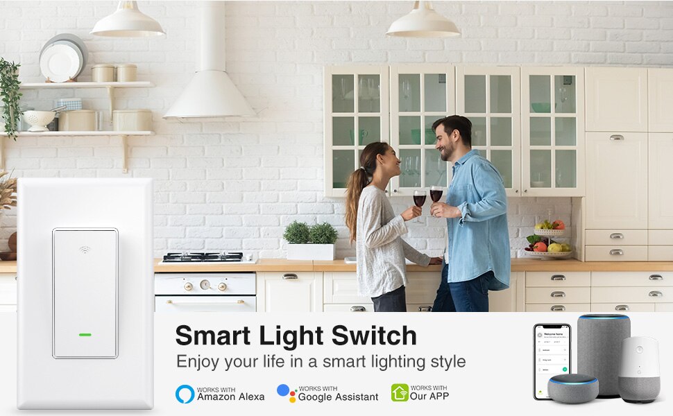 Smart Light Switch ON-OFF In-Wall Single-Pole 15A Compatible with Alexa and Google Home for Voice Control WiFi Smart Switch