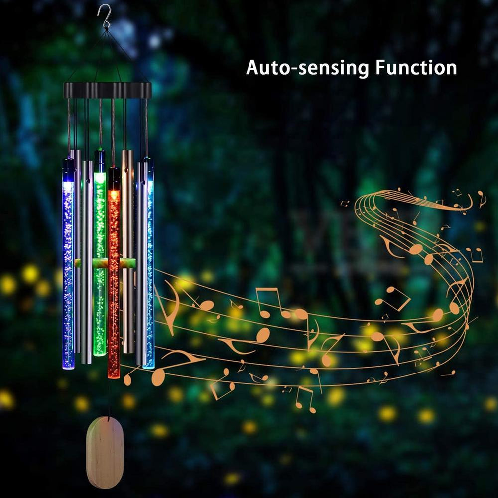 Solar Wind Chime Light Outdoor Garden Patio Light Silver Aluminum Tubes Wooden Pendant