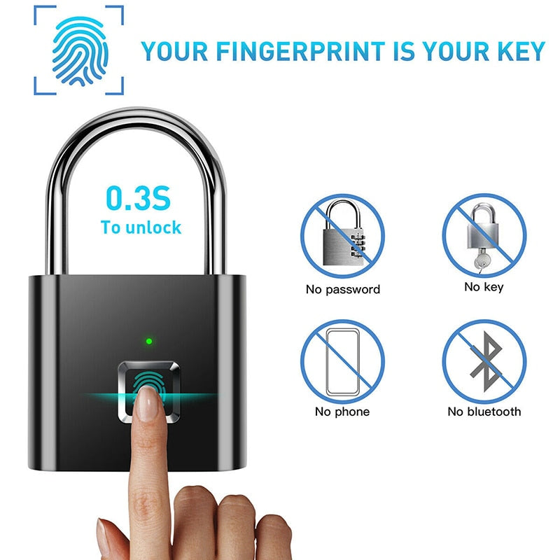 Black USB Rechargeable Door Smart Lock Fingerprint Padlock Quick Unlock High Identify Security Lock