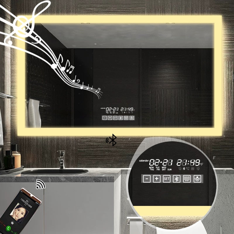 Bathroom Smart Mirror Wall Mount LED Adjustable Backlight Mirror Defogging Makeup Bluetooth Compatible Speaker