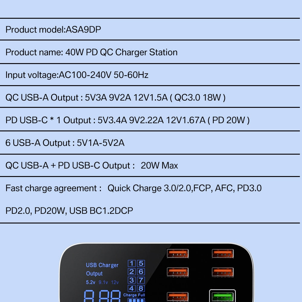 
                  
                    8 Port USB Charger HUB Quick Charge 3.0 LED Display Multi USB 40W Charging Station
                  
                