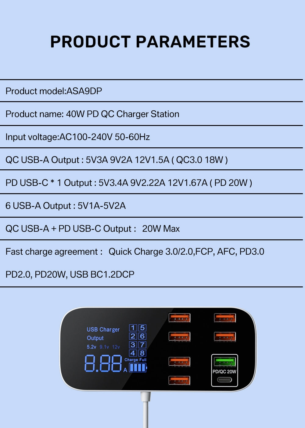 
                  
                    8 Port USB Charger HUB Quick Charge 3.0 LED Display Multi USB 40W Charging Station
                  
                