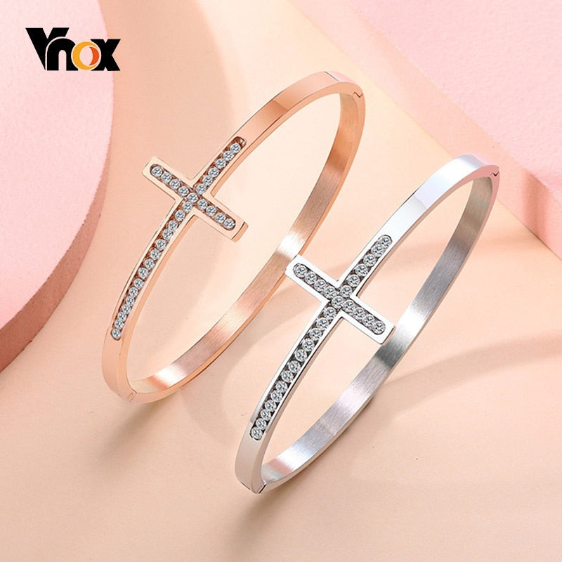 Vnox Crystals Cross Bangle for Women Stainless Steel Cuff Bracelet