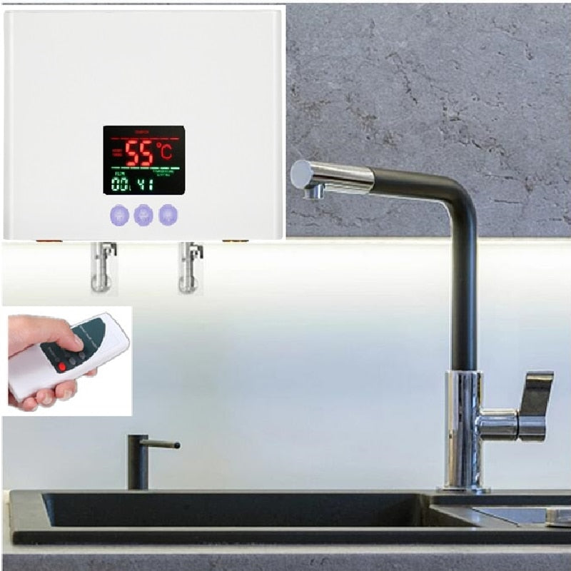 Instant Water Heater Bathroom Kitchen Wall Mounted Electric Water Heater LCD Temperature Display with Remote Control