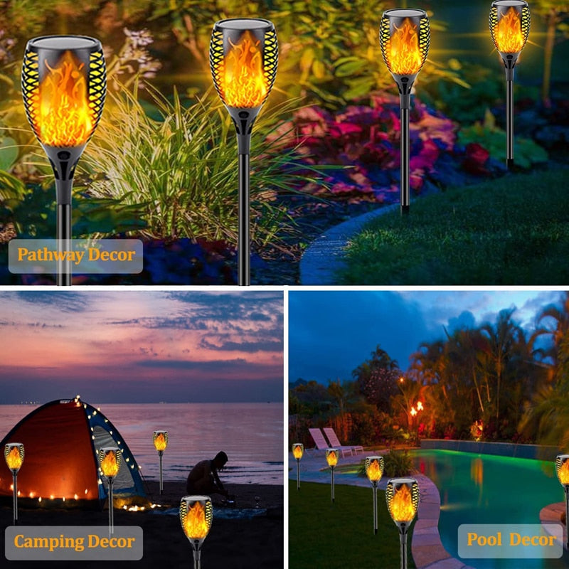 LED Flame Waterproof 96LEDs Solar Lawn Flame Flickering Torch Fire Lights Outdoors