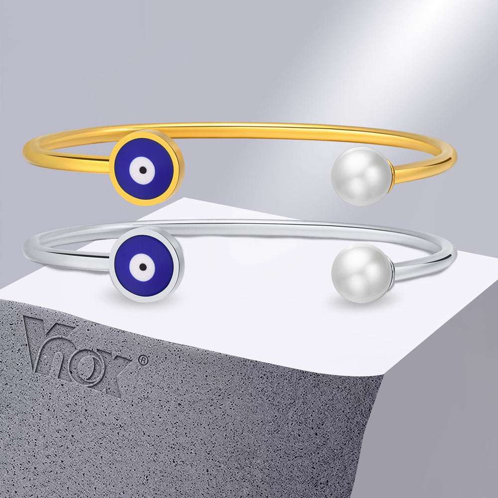 Vnox Stainless Steel Stackable Cuff Bangle Bracelets with Evil Blue Eye Charm