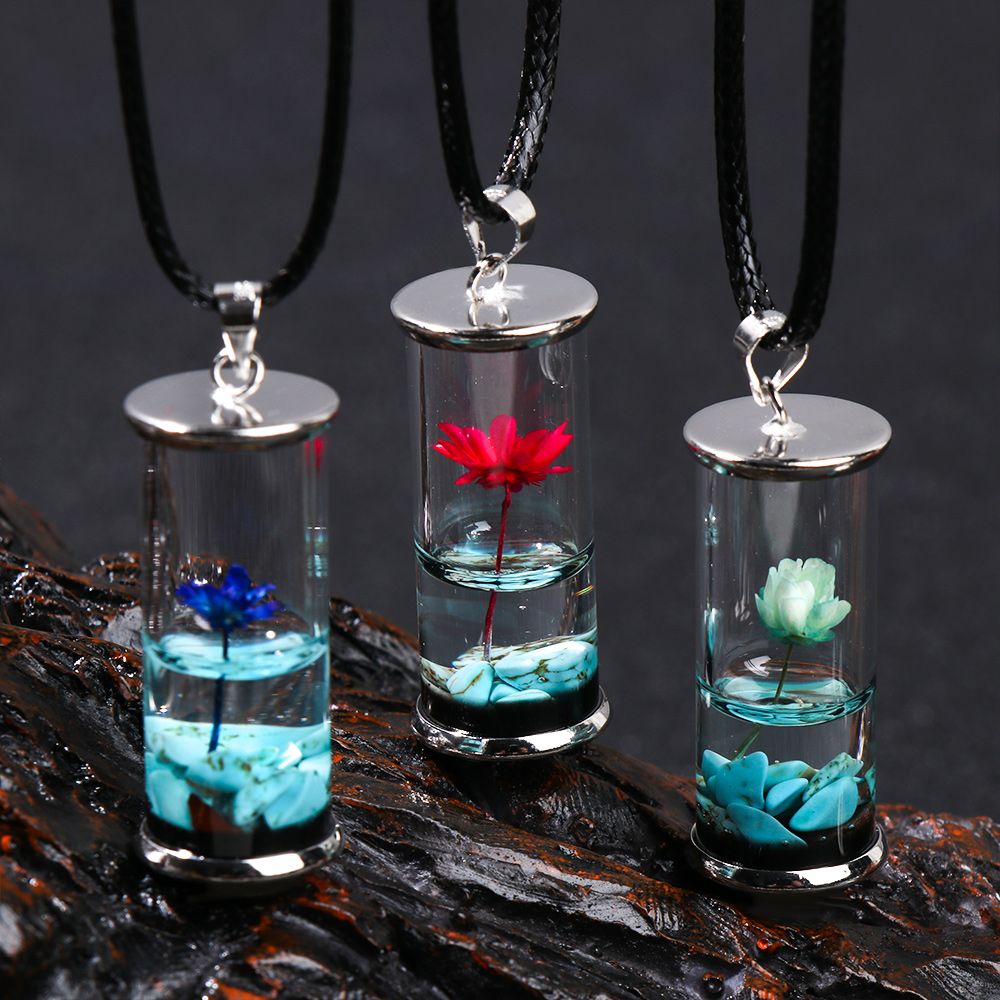 Crystal Vial Wishing Bottle Leather Rope Pendant Resin Permanent Time Flower Luminous Drifting Jar Necklace