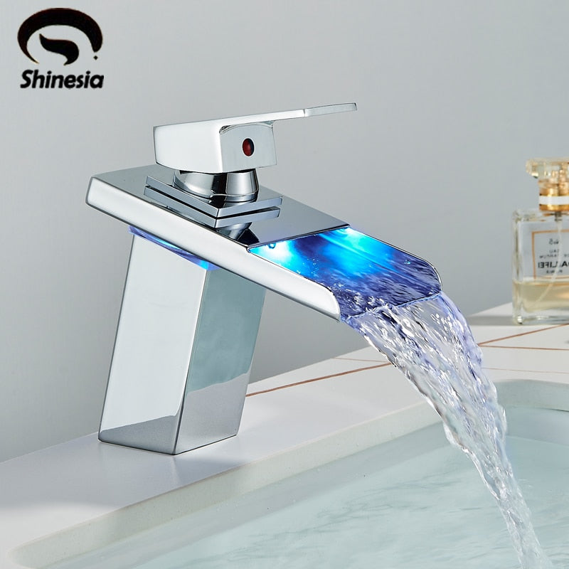 Shinesia LED Bathroom Faucets Waterfall Brass Basin Faucet 3 Colors Bathroom Sink Mixer Hot And Cold Water Tap