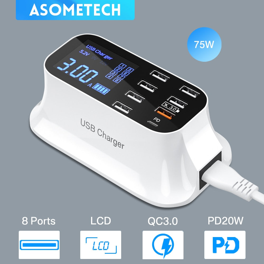 8-Port LED Display USB Fast Charger