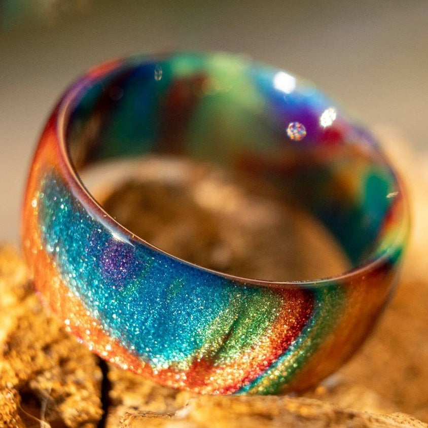 
                  
                    Rainbow Fire Opal Resin Carbon Fiber Iridescent Color Changing Opal Rings
                  
                