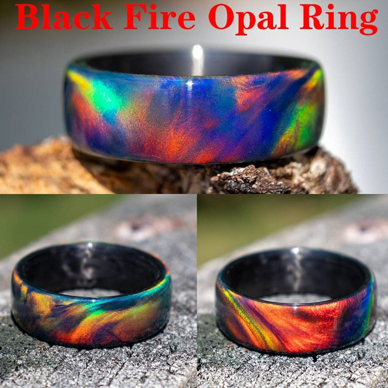 
                  
                    Rainbow Fire Opal Resin Carbon Fiber Iridescent Color Changing Opal Rings
                  
                