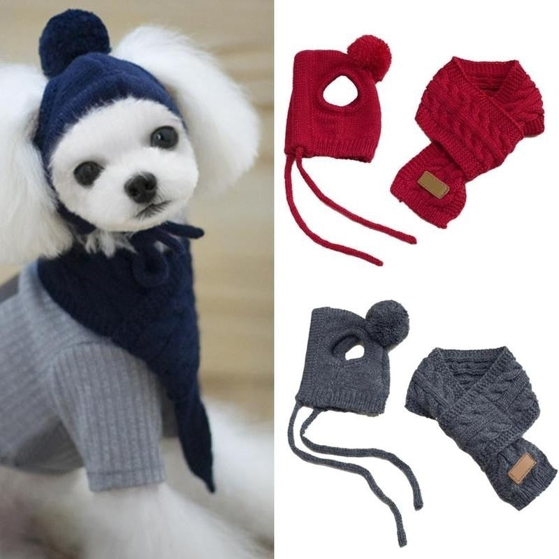 Warm Knitted Hat and Scarf Collar for Dogs