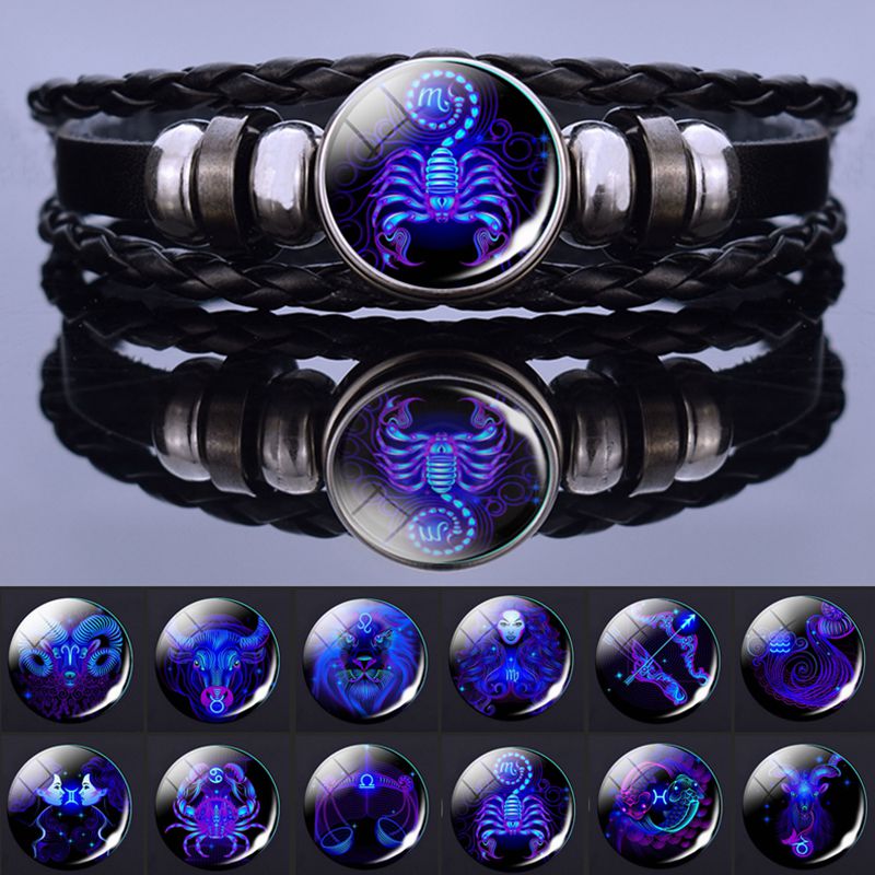 12 Zodiac Signs Constellation Charm Multilayer Weave Leather Bracelets