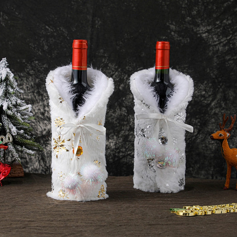 1pc Christmas Wine Champagne Bottle Cover Bag Plush Fabrics Holiday Christmas Decor For Home