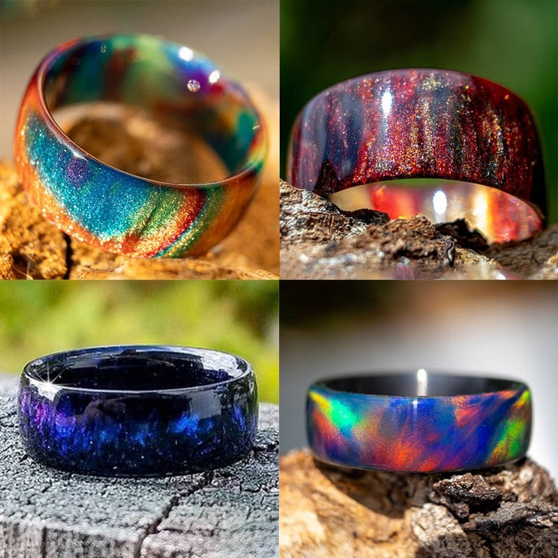 Rainbow Fire Opal Resin Carbon Fiber Iridescent Color Changing Opal Rings