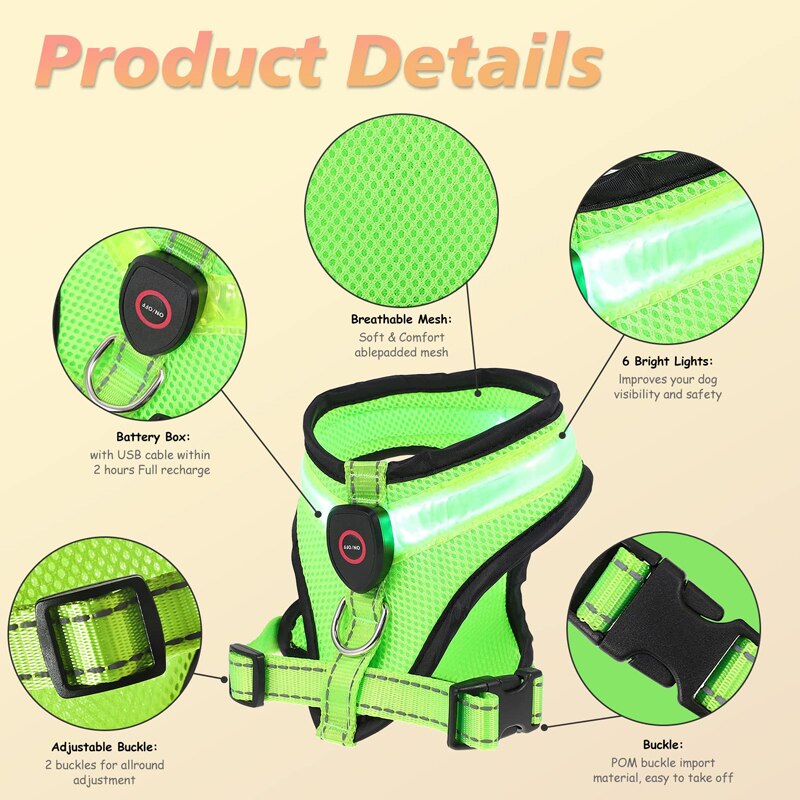 
                  
                    LED Light Dog Harness USB Rechargeable Reflective Adjustable Mesh Soft Padded Pet Vest Harness
                  
                