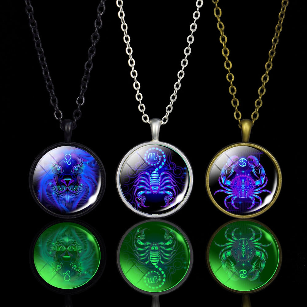 Luminous 12 Constellation Pendant Long Chains Necklace Zodiac Signs Glow in The Dark